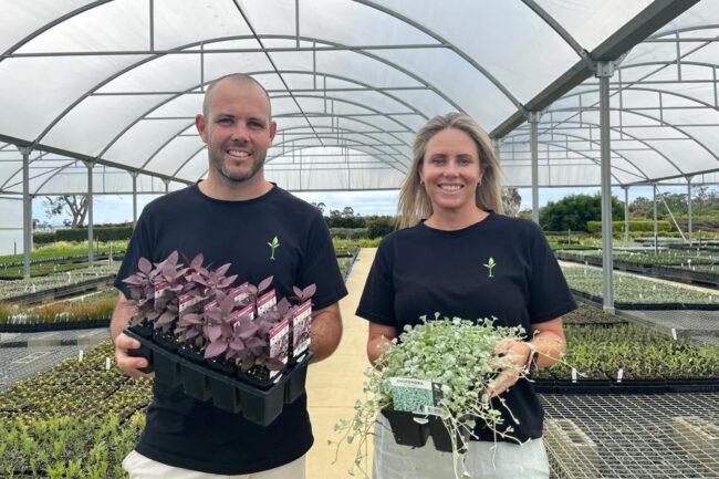 1300-x-900px-AGI cohort 1 Matt Mansfield and Symone Young from Mansfield Nursery Victoria holding plants